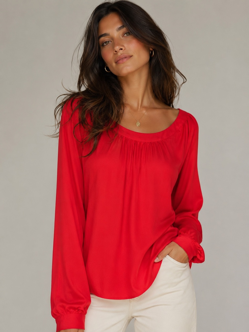 LOFT Red Long Sleeve Tie Back Blouse